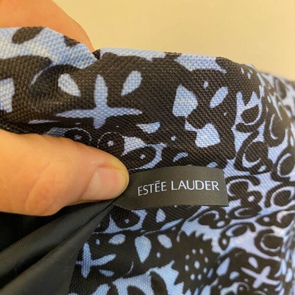Estee Lauder navy blue light blue patterned Lined canvas tote Bag 17x14.5x5 - Picture 2 of 6